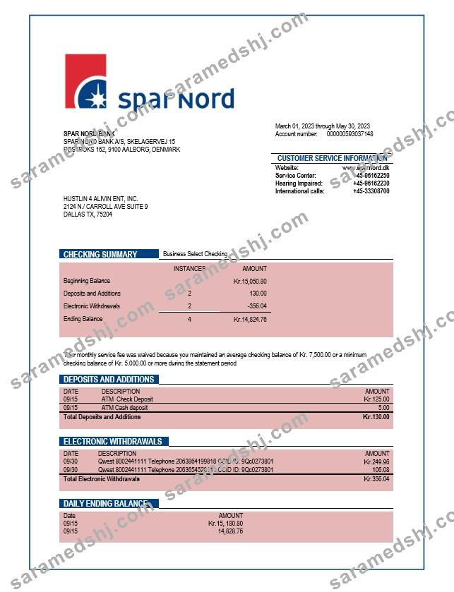 Spar Nord Bank company checking account statement Word and PDF template